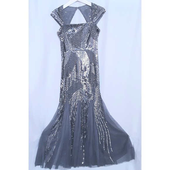 Beaded Evening Gown Retro Art Deco Design Silver & Gray Size Small - Picture 1 of 9